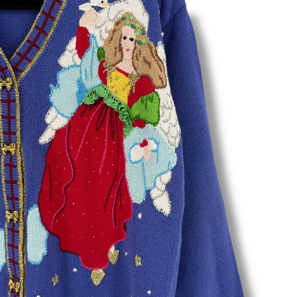 Storybook Knits Holiday Angel Cardigan Sweater Women's Sz M Gold Bow Buttons - Picture 3 of 6